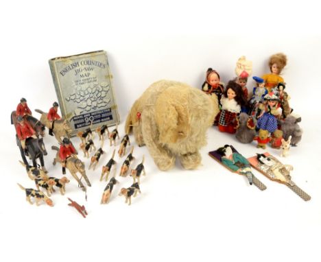 Collection of vintage toys, to include scratch built hand carved and painted wooden horses, huntsmen, fox and dogs, a vintage