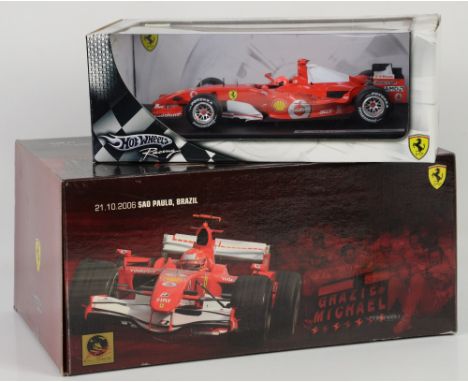 Two Hot Wheels Michael Schumacher 1:18 scale model 248 F1 Ferraris, one from 21.10.2006 Sao Paulo, Brazil, (2),         