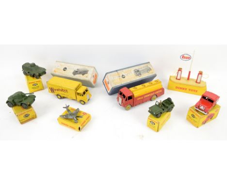 Collection of Dinky toys, comprising 781 Petrol Pump Station 'Esso', Dinky 514 Guy Van 'Weetabix', Dinky 591 AEC Tanker, 255 