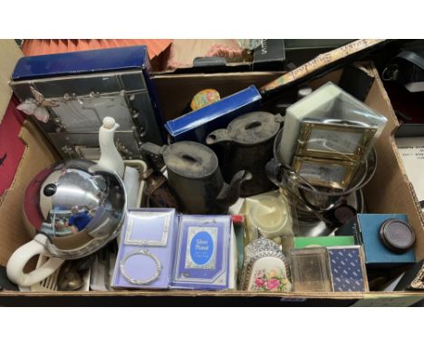 BOX - EPNS HOTEL PLATE, COFFEE POTS, VARIOUS CUTLERY, IMPRESSIONS PHOTOGRAPH FRAMES AND OTHERS, ICE BUCKET, HIP FLASK AND MOR