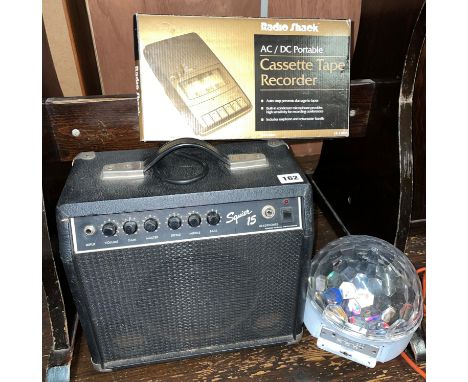 SQUIER 15 AMPLIFIER, CASSETTE TAPE RECORDER AND DISCO LIGHT 