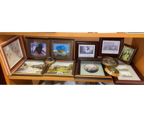 HAND PAINTED LANDSCAPE TILES, VARIOUS SMALL PRINTS, SMALL ROUNDEL WATERCOLOUR AND A PORTRAIT MINIATURE 