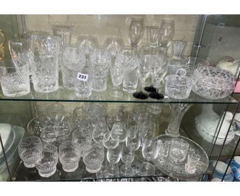 CRATE OF ASSORTED PRESSED AND CUT GLASSWARE AND A SHELF INCLUDING DECANTERS, WINE GLASSES, CRYSTAL TUMBLERS, BRANDY BALLOONS,