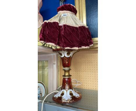 BOHEMIAM RUBY OPAQUE AND GILT PAINTED OVERLAID GLASS TABLE LAMP WITH VELVET SHADE 
