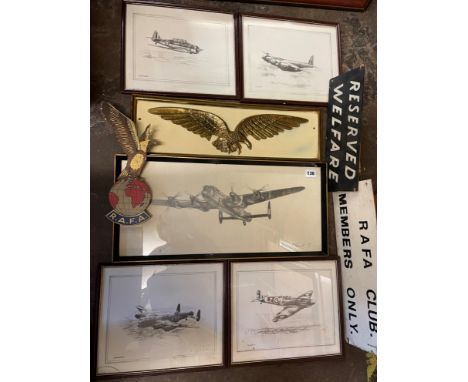 PRINTS OF AIRCRAFT AFTER AITKEN, A SKETCH OF A WWII BOMBER BY J.MERRICK, RAFA CLUB SIGN, AND OTHERS