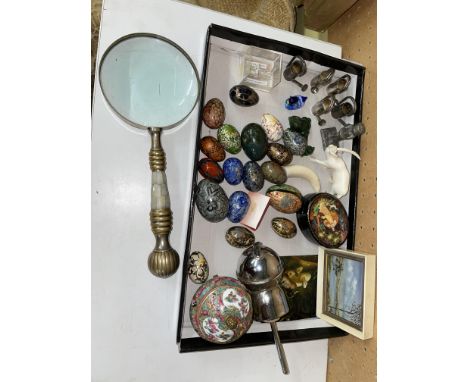 TRAY OF DECORATIVE PAPIER MACHE AND POLISHED STONE EGGS, COLLECTION OF SMALL WATERING CANS, ORNATE MAGNIFYING GLASS, TRINKET 