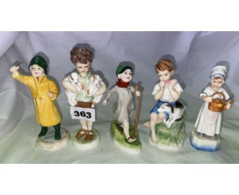 ROYAL WORCESTER FIGURES BY F.G. DOUGHTY MOTHERS HELP, MUSICAL MOMENTS, COUNTRY BOY AND TWO OTHERS