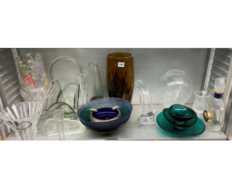 SHELF OF COLOURED AND CLEAR GLASS INC. BAYEL CRYSTAL AND ROSENTHAL, LARGE FLUTED VASES, ETC.