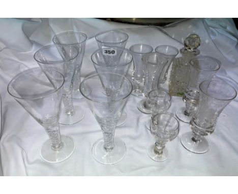 SIX MODERN AIR TWIST STEMMED GLASSES, ETCHED SHERRY GLASSES, AND SMALL DECANTER