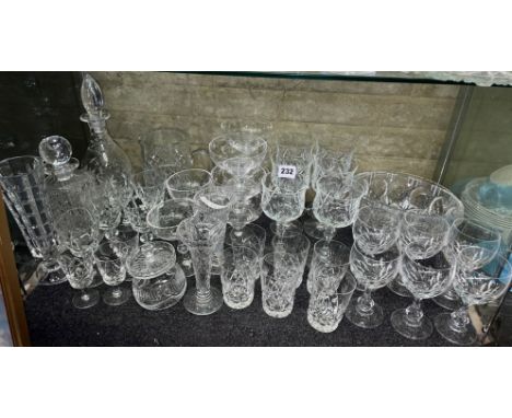 SHELF - GOOD SETS OF BRIERLEY AND STUART DRINKING GLASSES, DECANTERS, VASES