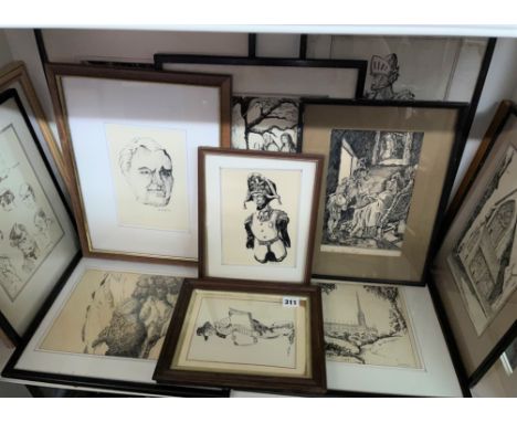 SELECTION OF PEN AND INK SKETCHES BY S. ASPLIN INCLUDING LOCAL LANDMARKS, A PORTRAIT AND A CHARACTURE 