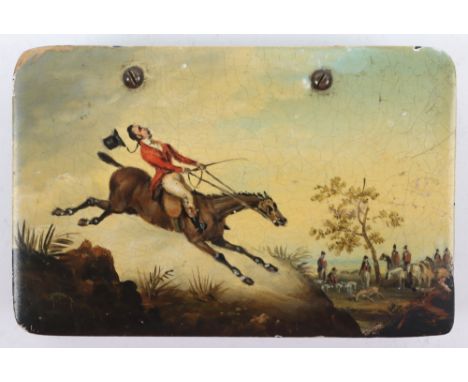 A 19th century Stobwasser Fabrick in Braunschweig, snuff box, with painted hunting scene to lid, stamped on inner base, 8cmWx