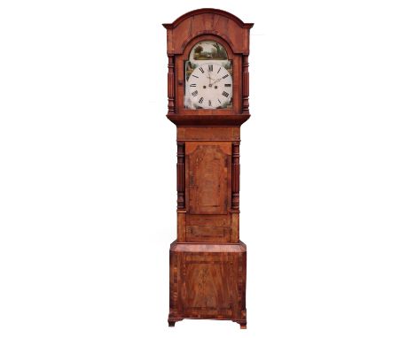 William IV mahogany and banded longcase clock with hunting scene, 14in arched dial with painted hunting scene and painted spa