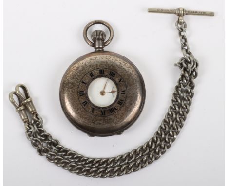 A silver half hunter pocket watch and chain, Swiss made, white enamel dial, subsidiary dial