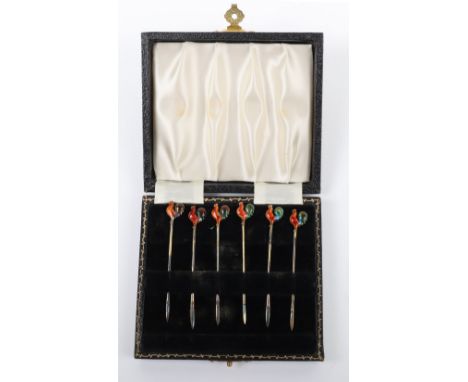 A set of silver and enamel cockerel cocktail sticks, Adie Brothers, Birmingham 1979, 7cm, boxed