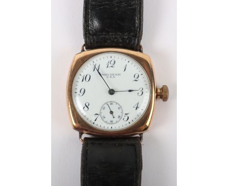 A vintage 9ct gold Waltham wristwatch, circa 1930, white enamel dial with Arabic numerals and subsidiary dial, movement numbe
