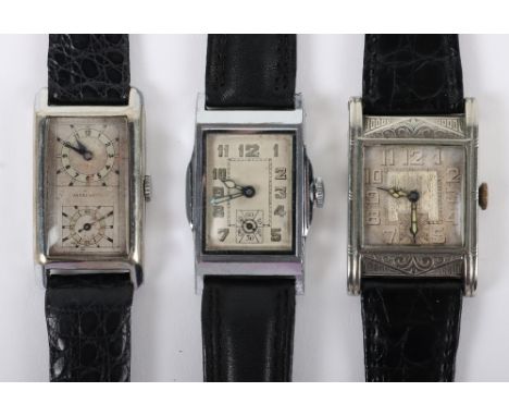 Three vintage tank style watches, Zeta Watch Co, Asora Watch, and one other, (3)