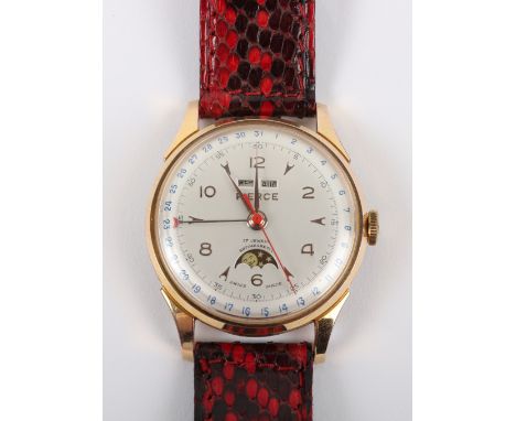A vintage Pierce triple calendar moon phase gentleman’s wristwatch, silvered dial with Arabic numerals, with gold plated and 