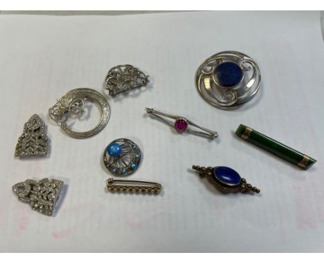 A 9ct gold and pearl brooch (4.5g), with a ruby set brooch, various other brooches including silver and enamel and 19th centu