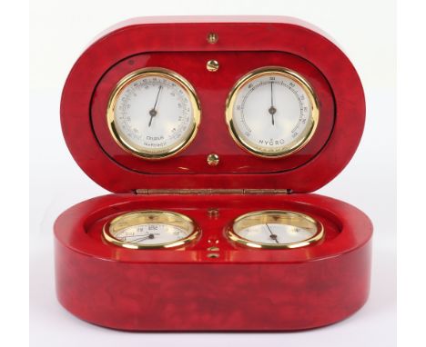 An Asprey desk compendium, showing thermometer, hydrometer, barometer and clock, the clock signed, 14cmW