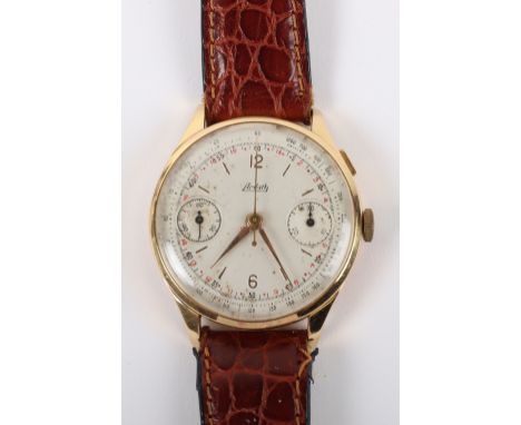 An 18ct gold Ardath chronograph gentleman’s wristwatch, silvered dial with Arabic numeral at 12 and 6, subsidiary second dial