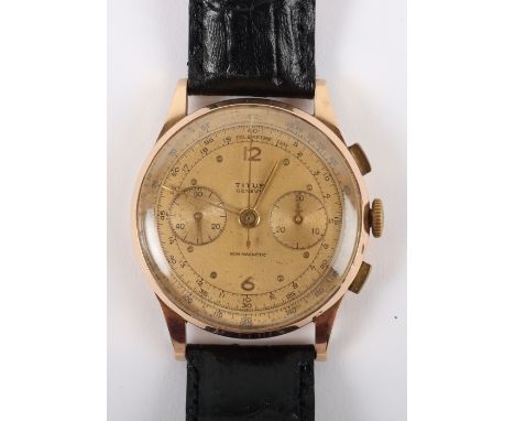 A vintage 18ct gold Titus Geneve chronograph gentleman’s wristwatch, circa 1950, gold dial with gold hands, subsidiary dials 