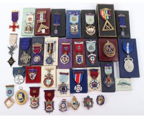 A large quantity of silver and silver and enamel Masonic medals, mostly circa 1930’s and 1940’s including two Founders medals