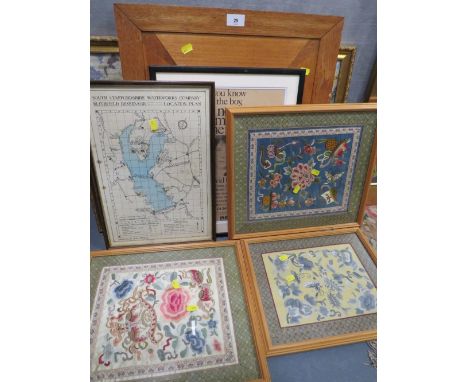 A selection of assorted pictures and prints to include three eastern style silkworks