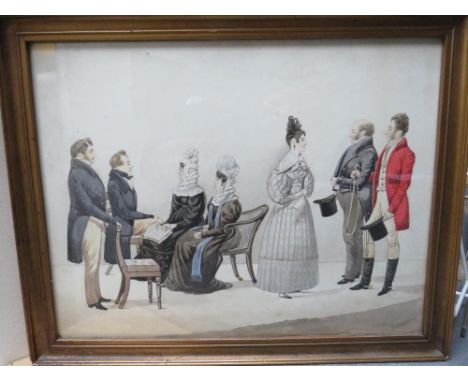 STOURBRIDGE INTEREST - WORRAL GLAZEBROOK FAMILY GROUP PORTRAIT c.1831, depicting seven figures in period dress, pen and water