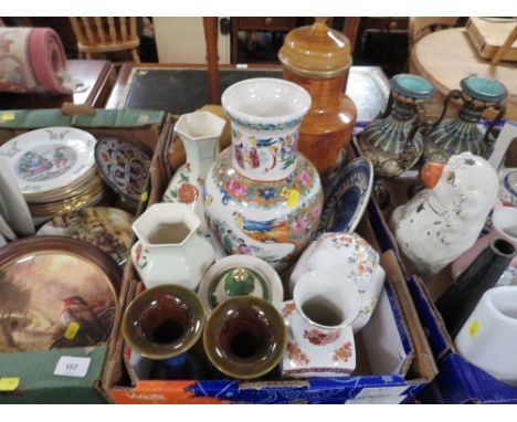 Three trays of assorted ceramics to include Denby Vases, Staffordshire style spaniel, collectors plates etc (3)