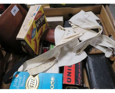 A tray of collectables to include vintage white leather driving gloves, binoculars etc