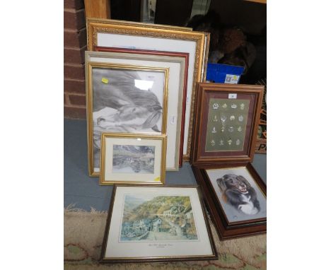 A quantity of assorted pictures, prints and tapestries etc., to include an oil on canvas portrait of a dog 'Judy' by Hilary M