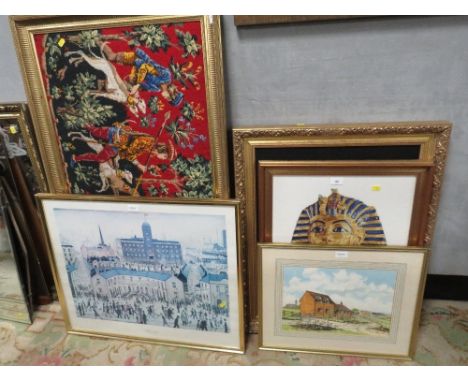 A quantity of assorted pictures, prints and tapestries etc., to include a Lowry print