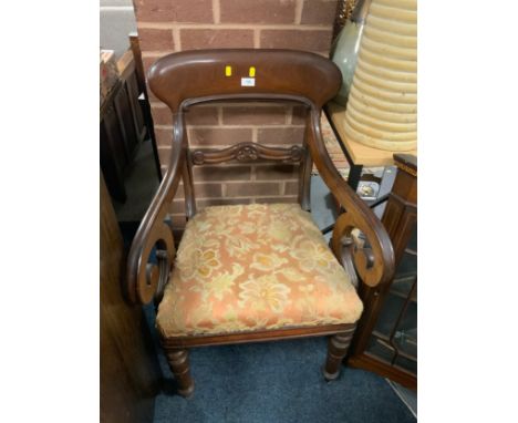 A Georgian mahogany armchair together with an oak and wicker stool (2)