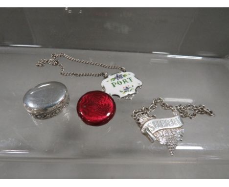 Two vintage silver wine labels, Russian enamel pillbox, and a silver pill box