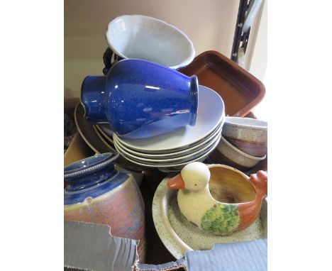 A tray of assorted ceramics to include Denby