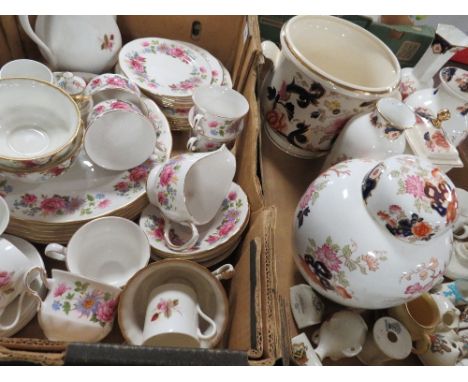 Two trays of assorted ceramics to include Masons Mandalay, crested ware etc