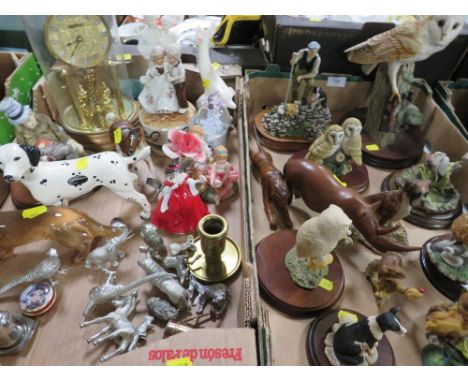 Two trays of ceramics and collectables to include a large Border Fine Arts barn owl, metal animal figures, dome clock etc