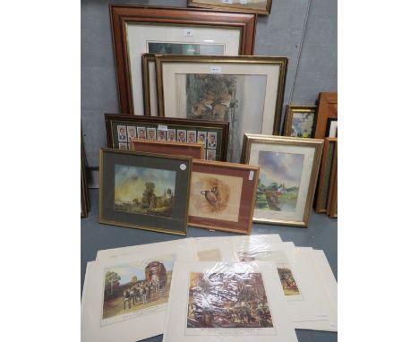 A collection of assorted coaching and hunting prints etc. to include a framed set of cricketer cigarette cards