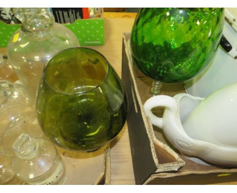 Two trays of collectables to include a vintage enamel bread bin, chemist bottle etc