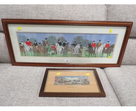 A naive painting of a hunt meet, together with a hunting themed framed and glazed Cash's silk (2)