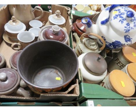 Two trays of assorted ceramics to include a studio pottery style storage jar and a large blue and white kettle