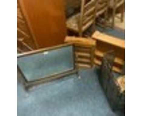 A mahogany dressing mirror together with two pine small cupboards, a pine torchere, metal fire screen and a circular stool. (