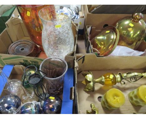 Four small trays of assorted glassware to include large glass candle vase, pair of metal candle stands (4)