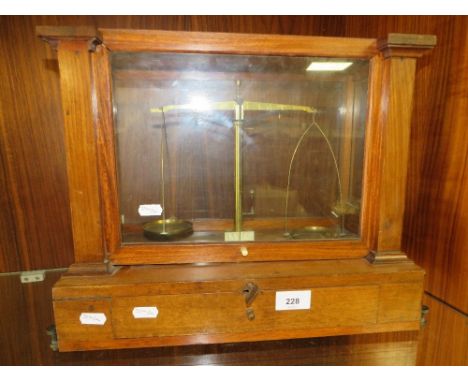Antique scientific scales, in glazed mahogany case