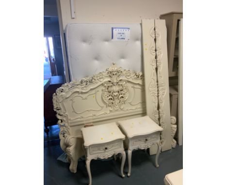 A French style carved bedframe together with mattress and a pair of bedside cabinets - bedhead W 178 cm
