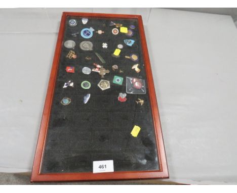 A glazed display case containing enamel badges, buttons etc