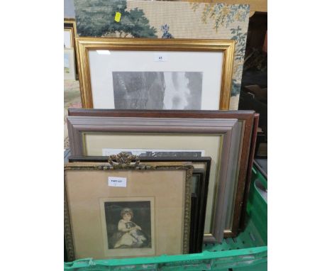 A tray of assorted pictures, prints and tapestries etc., to include some architectural engravings