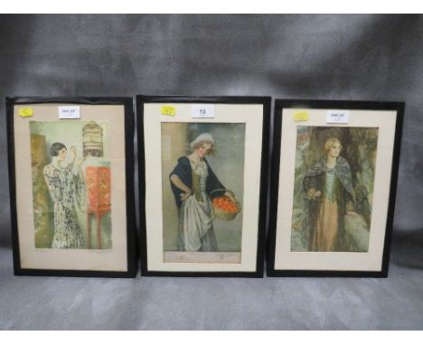 W.H. Margetson 3 prints on silk, young women studies, 2 signed in pencil on mount