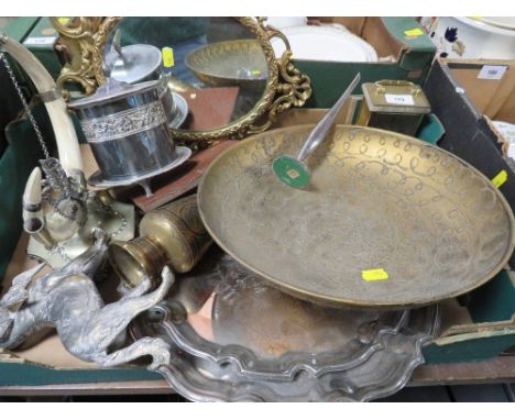 A tray of assorted metal ware to include a carriage clock